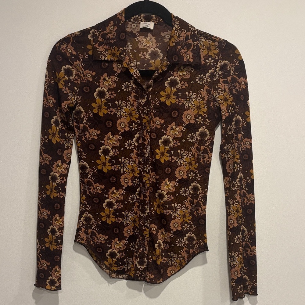 Wilfred Brown and Yellow Floral Button Down Shirt Size 2XS Arititzia - Picture 2 of 10
